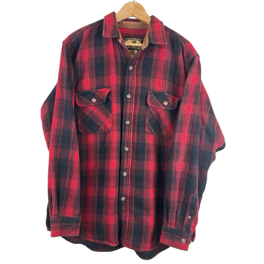 Vintage Field & Stream Heavy Cotton Flannel Mens Size LT Buffalo Plaid Shirt Red
